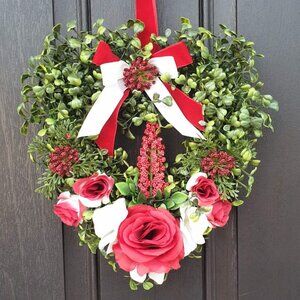 Heart Wreath Red Green Roses Wall Hanger Door Home Office Valentine Decoration